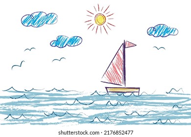 Sea  Sailboat  Sun  clouds  seagulls    scribbles drawn by child's hand and colored pencils  Seascape illustration isolated white background