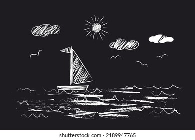 Sea, Sailboat, Sun, clouds, seagulls - doodles drawn by a child's hand with white chalk on a blackboard. Seascape illustration isolated on black background