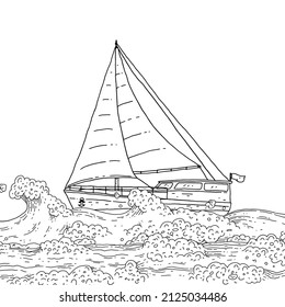 Sea sailboat yacht on the waves. Modern ship with sails doodle black white line sketch isolated illustration.