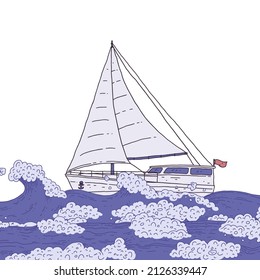 Sea sailboat yacht on the waves. Modern ship with sails doodle sketch isolated illustration.