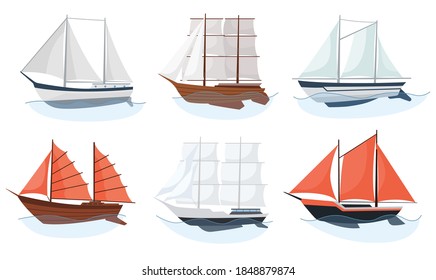 Sea sailboats ships set of water carriage and maritime transport in modern flat design style. Vector collection of ship, boat, vessel or yacht on the sea waves