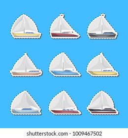 Sea sailboats side view isolated labels. Luxury and speedy sail yachts vector illustration. Marine passenger cruise ships, worldwide yachting, nautical sport competition, ocean vessel collection.