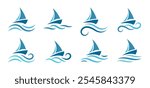 Sea sailing boat in the blue ocean. Marine ship with sail in sea waves icon collection. Sailboats design company logotype. Vector illustration.
