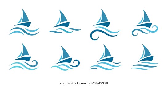 Sea sailing boat in the blue ocean. Marine ship with sail in sea waves icon collection. Sailboats design company logotype. Vector illustration.
