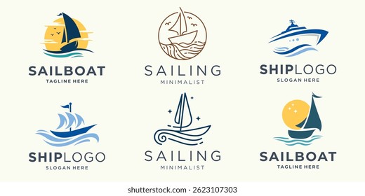 Sea sailing boat in the blue ocean logos. Marine ship with sail in sea waves icon collection.