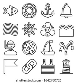 Sea Sailing Icons Set on White Background. Line Style Vector