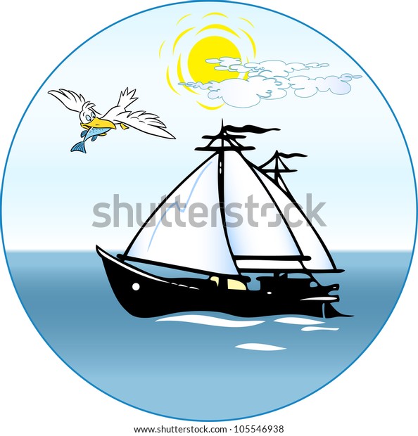 In the sea sailing not big white sail .It is
day,the sea is calm.In blue sky fly the white big bird.An
illustration is divided into
layers.