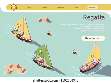 Sea Sailing Regatta Isometric Banner Design with Sail Boat Floating on Sea. Race Sailing Ship Yacht, Marine Competition or Sailboats Parade. Vector 3d Illustration with Place for Promotion Text