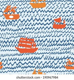 Sea and sailing ships seamless pattern hand drawn design