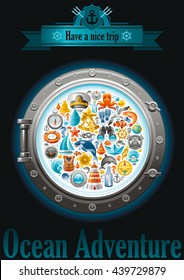 Sea sailing travel poster design on black background with sailing icon set in porthole. Yachting coat of arms, compass rose, binoculars, killer whale, porthole, message in bottle, yacht, sailing ship