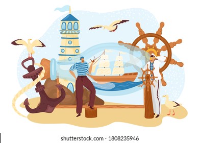 Sea sailor people, seaman near bottle ship, marine cruise captain travel at boat, vector illustration. Cartoon nautical man character adventure concept, sailing anchor and flat vessel.