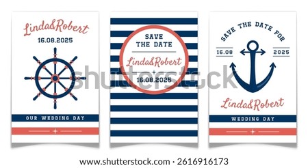 Sea sailor themed save the date cards collection. Minimalist nautical wedding invitation postcard design. Hand drawn ships wheel and anchor. Navy blue and red color stripes. Flat vector illustration