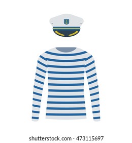 Sea sailor wear vector set. Navy captain cap and striped long-sleeved t-shirt isolated on white background. Marine skipper hat and sailor shirt icons. Yacht officer outfit.