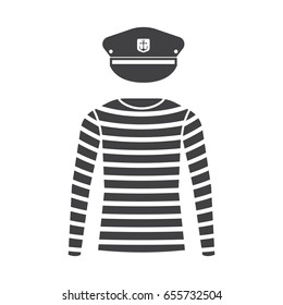 Sea sailor wear vector set. Navy captain cap and striped long-sleeved t-shirt isolated on white background. Marine skipper hat and sailor shirt icon. Yacht officer outfit.