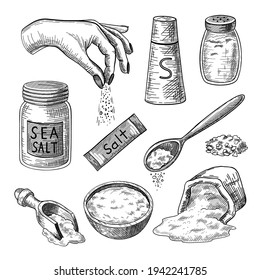 Bildsatz mit Meersalz-Gravur. Handgezeichnete Skizze aus Glasflaschen, Packungen, Beutel, Schüssel, Löffel mit Salz, handgewürzte Schüssel auf weißem Hintergrund. Kochen, Gewürze, Gesundheitskonzept