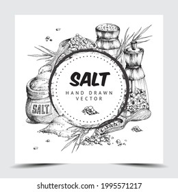 Sea salt frame or label template in hand drawn engraving style, vector illustration isolated on white background. Backdrop design with salt shakers and mills.