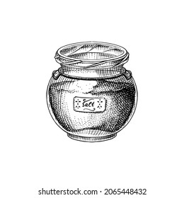 Sea salt in a glass jar. Piles of seeds in the bowl. Spice in natural packaging. Flavoring or saline. Vintage background banner. Engraved hand drawn old sketch. 