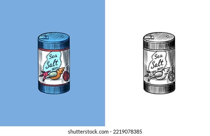 Sea salt in the package. Piles of seeds in the bowl. Spicein a jar. Flavoring or saline. Vintage background banner. Engraved hand drawn old sketch. 