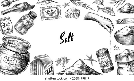 Sea salt poster or banner. Glass bottles, packaging and and leaves, wooden spoons, powdered powder, spice in the hand. Vintage background. Engraved hand drawn sketch.