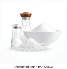 Sea salt realistic composition with piles of white salt in plates and glass jars with caps vector illustration