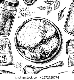 Sea salt seamless pattern. Glass bottles, packaging and and leaves, wooden spoons, powdered powder, spice in the hand. Vintage background poster. Engraved hand drawn sketch. 