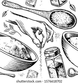 Sea salt seamless pattern. Glass bottles, packaging and and leaves, wooden spoons, powdered powder, spice in the hand. Vintage background poster. Engraved hand drawn sketch. 