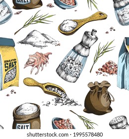 Sea salt seamless pattern with hand drawn elements, engraving style vector illustration on white background. Decorative endless pattern with salt in packs and heaps.