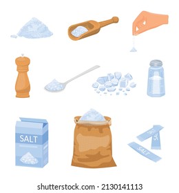 Sea salt set of flat isolated icons with images of packaged salt powder spoon and hand vector illustration