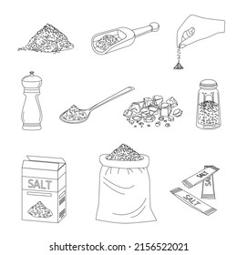 Sea salt set with flat monochrome images of salt packaging and serving with saltcellar and sack vector illustration