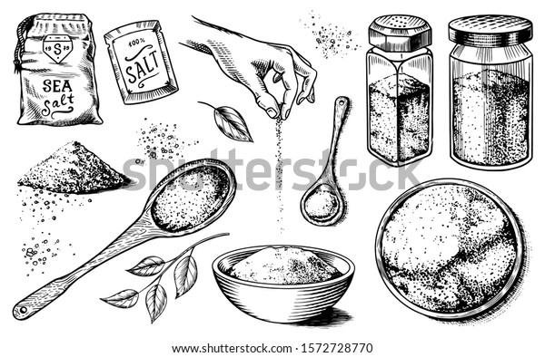 Sea salt set. Glass bottles,
packaging and and leaves, wooden spoons, powdered powder, spice in
the hand. Vintage background poster. Engraved hand drawn sketch.
