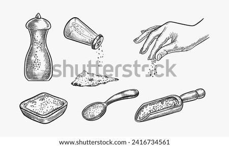 Sea salt sketch vector illustration isolated on white background. Natural ingredient, seasoning spice. Hand drawn design elements.