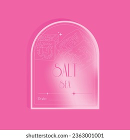 Sea Salt Spice Sticker. Arch shaped salt sticker in pink colors. Sorting out spices at home. Line illustration of salt granules. Grocery.