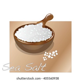 Sea Salt In Wooden Bowl For Cooking Or Spa, Vector Isolated
