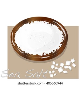 Sea Salt In Wooden Bowl For Cooking Or Spa, Vector Isolated
