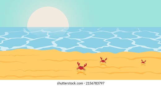 Sea sand beach with crabs Vector illustration.