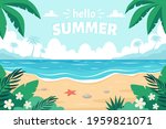 Sea sand beach. Hello summer. Seashore with sea star, palms, sea pebbles and tropical plants. Vector illustration