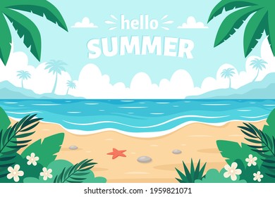 Sea sand beach. Hello summer. Seashore with sea star, palms, sea pebbles and tropical plants. Vector illustration