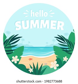 Sea sand beach. Hello summer. Seashore with palms, tropical plants and flowers. Vector illustration
