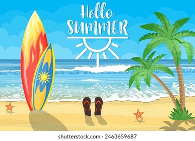 Sea and sand beach. Holiday sea summer with colored surfboard. Vector illustration in flat style