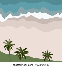 Mar, playa de arena y palmeras. Dibujo de color vector. Vista desde arriba.  Fondo para el diseño.