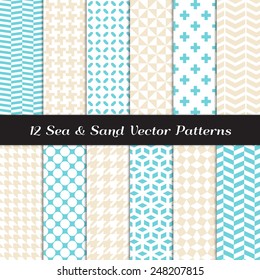 Sea and Sand Color Fashion Prints Patterns. Houndstooth, Herringbone, Triangle, Cross, Lattice, Polka Dot and Chevron Geometric Backgrounds. Vector File Pattern Swatches Made with Global Colors.