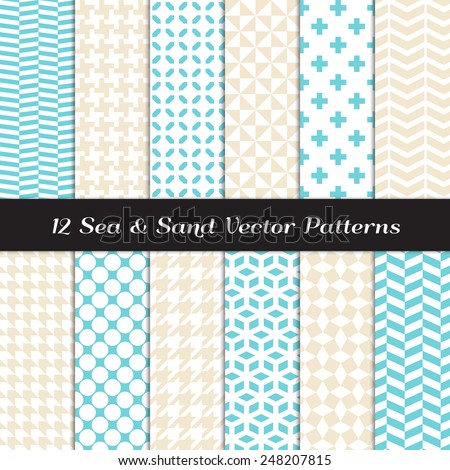 Sea and Sand Color Fashion Prints Patterns. Houndstooth, Herringbone, Triangle, Cross, Lattice, Polka Dot and Chevron Geometric Backgrounds. Vector File Pattern Swatches Made with Global Colors.