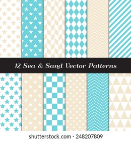 Sea and Sand Color Geometric Patterns. Backgrounds in Aqua Blue and Beige Diamond, Chevron, Polka Dot, Checks, Stars, Triangles, Herringbone & Stripes. Vector File Pattern Swatches with Global Colors.