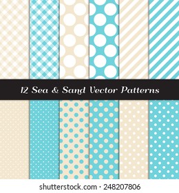 Sea and Sand Color Gingham, Polka Dot and Candy Stripes Patterns. Modern Geometric Backgrounds. Vector EPS File Pattern Swatches made with Global Colors.