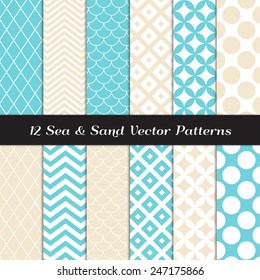 Sea and Sand Color Retro Geometric Patterns. Backgrounds in Aqua Blue and Beige Jumbo Polka Dot, Diamond Lattice, Scallops, Quatrefoil and Chevron. Vector EPS File Pattern Swatches with Global Colors.