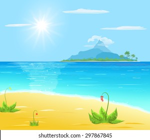 sea, sand, exotic plant, island with palm and mountain in sea, sun and cloud on blue sky
 
