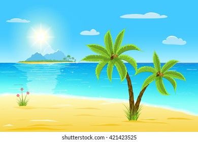 sea, sand, green palms, sun with rays on blue sky, island on horizon, vector illustration