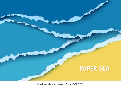 Sea and sand in a paper cut style. Summer waves on the coast origami background. Tropical beach. Top view. Torn paper edges are like a surf. Vector card illustration for poster, flyer, invitation.