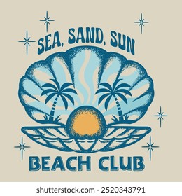 slogan do sol da areia do mar com ilustração do vetor de conchas do mar desenhadas à mão, design gráfico da impressão de Seashell para uma t-shirt. palm tree, seashell, desenho. design para tecidos de moda, gráficos têxteis e impressões.