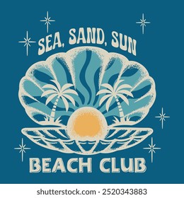 sea sand sun slogan with hand-drawn sea shells vector illustration, Seashell graphic print design for a t-shirt. palm tree, seashell, drawing. design for fashion fabrics, textile graphics, and prints.